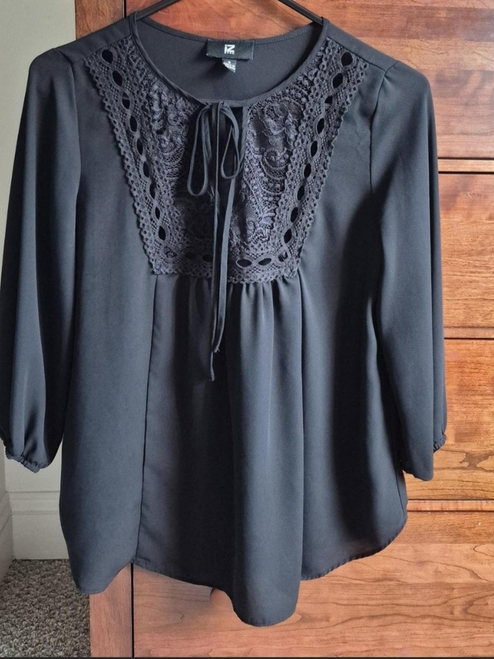 Iz Byer Black Lace-Yoke Peasant Blouse